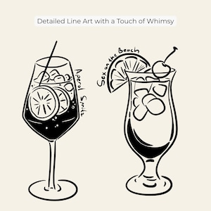 Hand-drawn cocktail clipart set featuring 15 classic drinks with detailed line art and handwritten names, perfect for bar menus, invitations, and wall art.