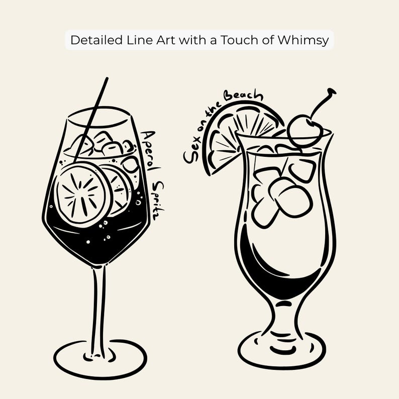 Hand-drawn cocktail clipart set featuring 15 classic drinks with detailed line art and handwritten names, perfect for bar menus, invitations, and wall art.