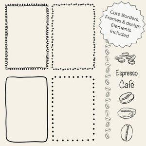 Hand-drawn coffee clipart set with line art coffee cups, espresso tools, moka pot, grinder, coffee beans and cafe elements, doodle illustrations.