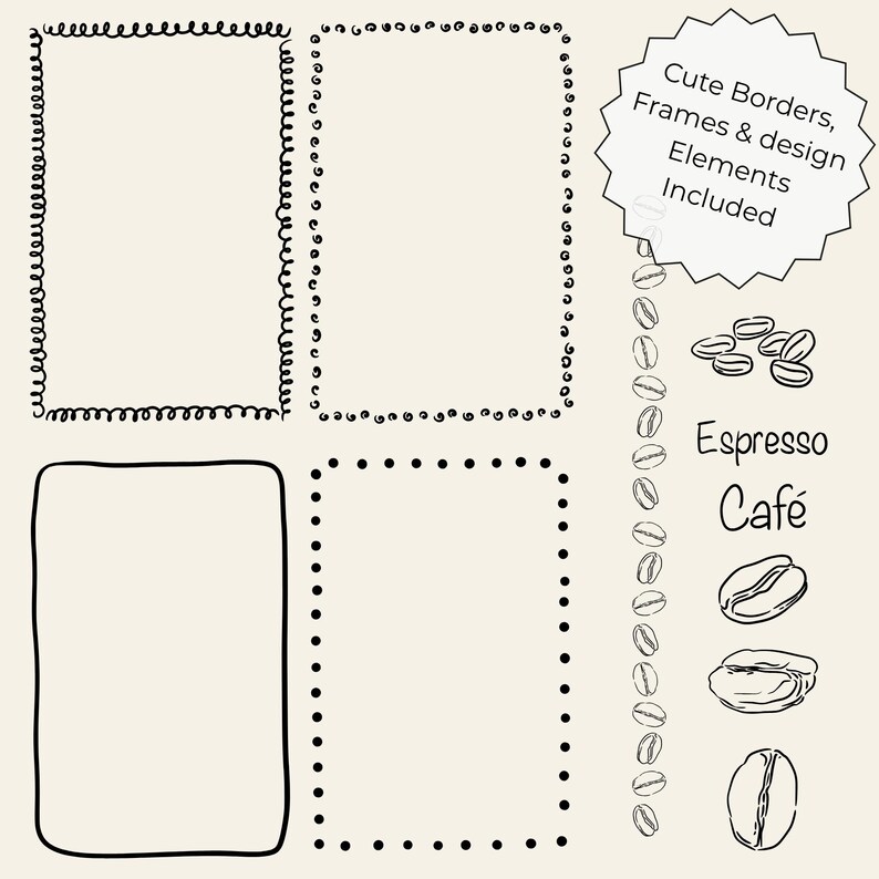 Hand-drawn coffee clipart set with line art coffee cups, espresso tools, moka pot, grinder, coffee beans and cafe elements, doodle illustrations.