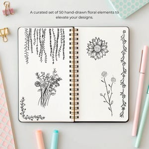 Transparent background set of 50 hand-drawn floral cliparts, featuring botanical line art flowers, leaves, stems, wildflowers, and bouquets.