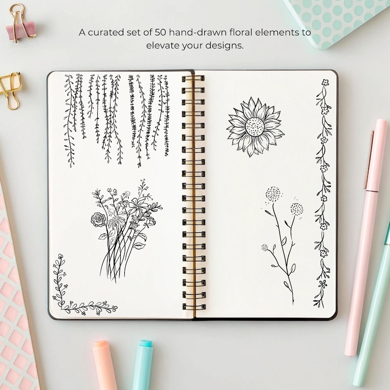 Transparent background set of 50 hand-drawn floral cliparts, featuring botanical line art flowers, leaves, stems, wildflowers, and bouquets.