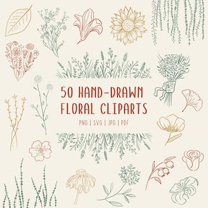 Transparent background set of 50 hand-drawn floral cliparts, featuring botanical line art flowers, leaves, stems, wildflowers, and bouquets.