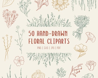 Hand-Drawn Floral Doodle Cliparts | 50 Botanical Line Art Flowers | PNG SVG PDF | Commercial Use