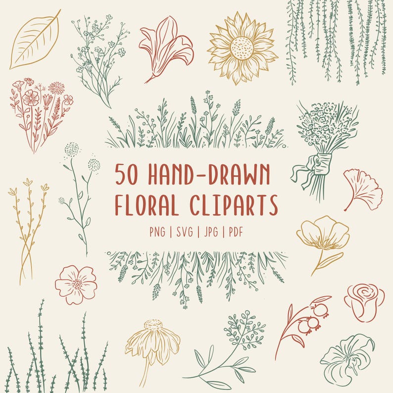 Transparent background set of 50 hand-drawn floral cliparts, featuring botanical line art flowers, leaves, stems, wildflowers, and bouquets.