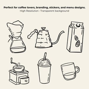 Hand-drawn coffee clipart set with line art coffee cups, espresso tools, moka pot, grinder, coffee beans and cafe elements, doodle illustrations.