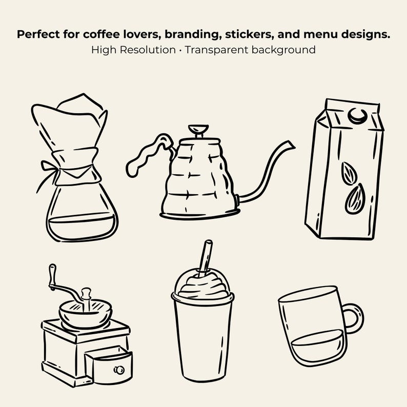 Hand-drawn coffee clipart set with line art coffee cups, espresso tools, moka pot, grinder, coffee beans and cafe elements, doodle illustrations.