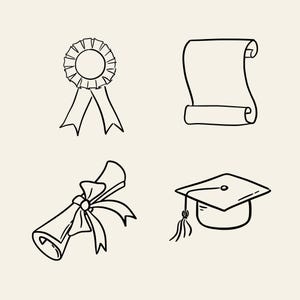 Hand drawn graduation clipart set with caps, diplomas, confetti and celebration elements