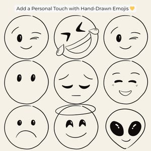 Hand-drawn doodle emoji clipart set featuring 55 cute and expressive faces in PNG, SVG, JPG, and PDF formats. Perfect for stickers, planners, journals, scrapbooking, and Cricut crafts.