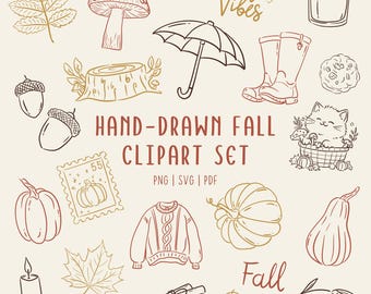 Hand Drawn Fall Cliparts | 50 Cozy Autumn Doodles | PNG SVG PDF Commerical Use