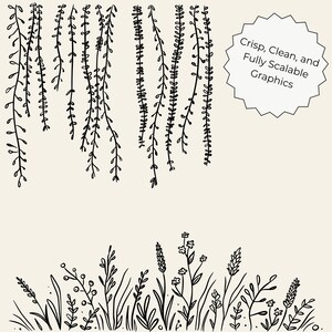 Transparent background set of 50 hand-drawn floral cliparts, featuring botanical line art flowers, leaves, stems, wildflowers, and bouquets.