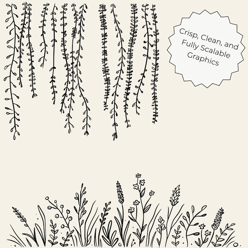 Transparent background set of 50 hand-drawn floral cliparts, featuring botanical line art flowers, leaves, stems, wildflowers, and bouquets.