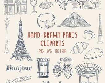 Hand-Drawn Paris Clipart Set | Eiffel Tower, Croissant, French Icons | PNG SVG PDF | Commerical Use