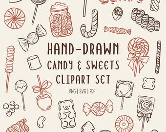 Hand-Drawn Candy & Sweets Clipart Set | Doodle Holiday Sweets Illustrations | (PNG, SVG, PDF) Commerical Use