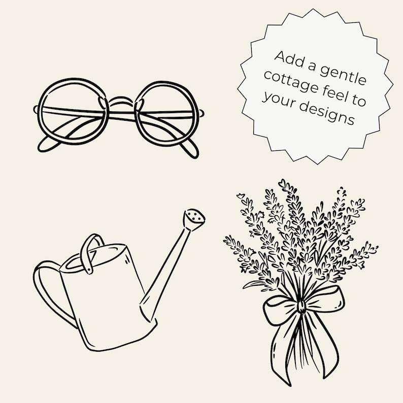 Hand-drawn cottagecore clipart set featuring vintage floral elements, cottage house, dress, basket, teapot, sun hat, jam jar, candles, gardening tools, bicycle, cozy home items, and cute animals in black line art style.