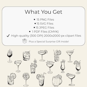 Hand-drawn cocktail clipart set featuring 15 classic drinks with detailed line art and handwritten names, perfect for bar menus, invitations, and wall art.