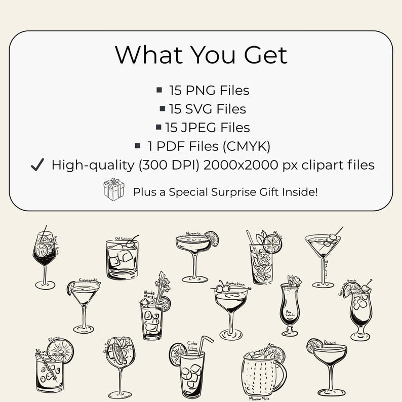 Hand-drawn cocktail clipart set featuring 15 classic drinks with detailed line art and handwritten names, perfect for bar menus, invitations, and wall art.