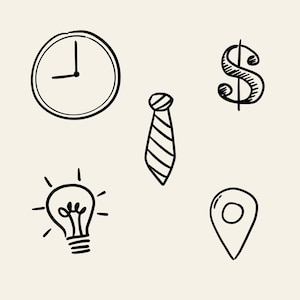 Hand-drawn business clipart set featuring laptop, charts, money icons, calendar, globe, light bulb, briefcase, and more office doodles.