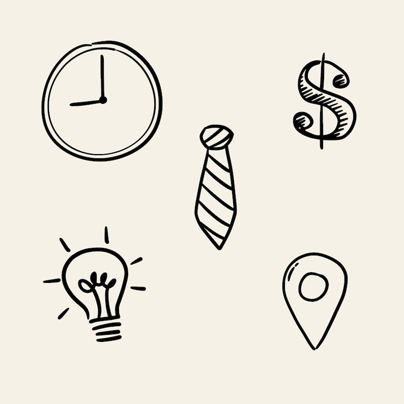 Hand-drawn business clipart set featuring laptop, charts, money icons, calendar, globe, light bulb, briefcase, and more office doodles.