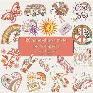 Retro 70s Clipart Set: Psychedelic Rainbow, Flower Power Graphics (PNG, JPG, PDF Downloadable Files)