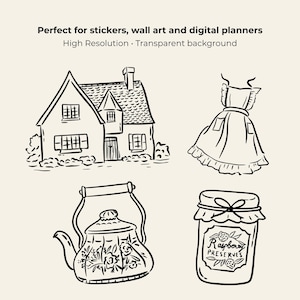 Hand-drawn cottagecore clipart set featuring vintage floral elements, cottage house, dress, basket, teapot, sun hat, jam jar, candles, gardening tools, bicycle, cozy home items, and cute animals in black line art style.