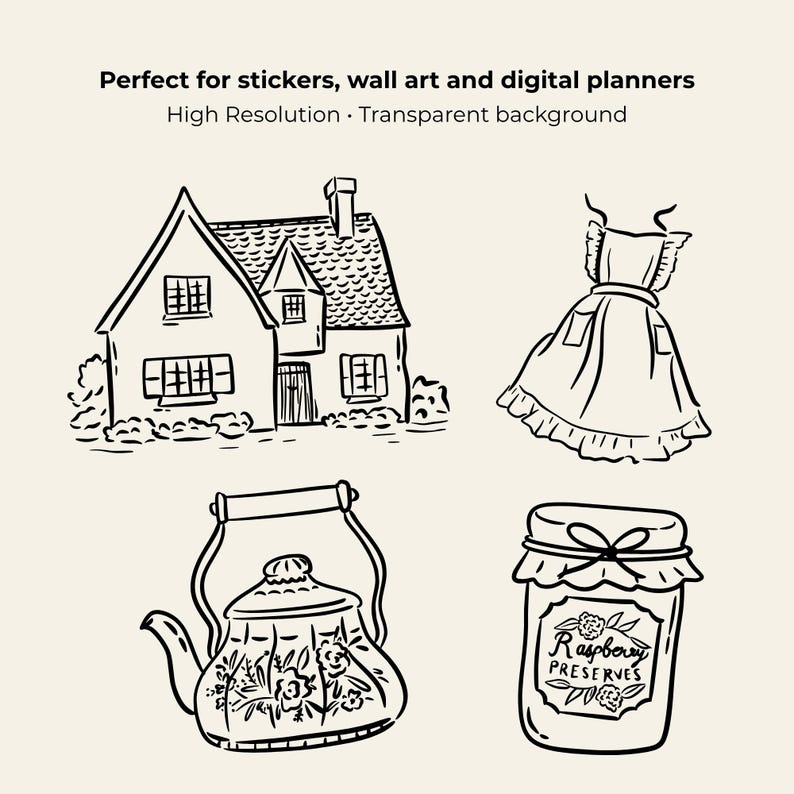 Hand-drawn cottagecore clipart set featuring vintage floral elements, cottage house, dress, basket, teapot, sun hat, jam jar, candles, gardening tools, bicycle, cozy home items, and cute animals in black line art style.