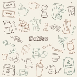 Hand-drawn coffee clipart set with line art coffee cups, espresso tools, moka pot, grinder, coffee beans and cafe elements, doodle illustrations.