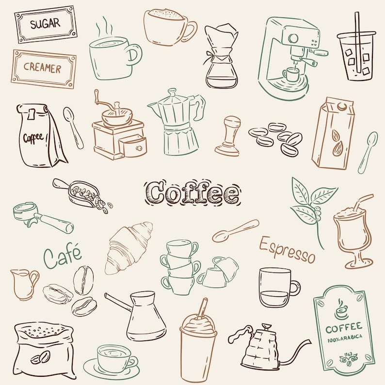 Hand-drawn coffee clipart set with line art coffee cups, espresso tools, moka pot, grinder, coffee beans and cafe elements, doodle illustrations.