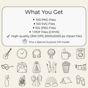100 hand-drawn everyday life cliparts featuring cute doodle-style illustrations of daily objects like coffee, books, travel, food, plants, and cozy home items. Perfect for planners, stickers, and digital projects.