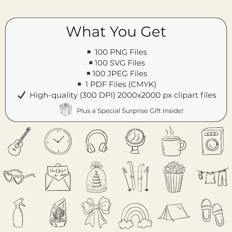 100 hand-drawn everyday life cliparts featuring cute doodle-style illustrations of daily objects like coffee, books, travel, food, plants, and cozy home items. Perfect for planners, stickers, and digital projects.