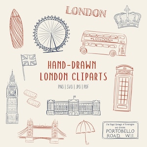 Conjunto de imágenes prediseñadas de Londres dibujadas a mano / Garabatos de viajes por el Reino Unido / PNG y SVG para uso comercial