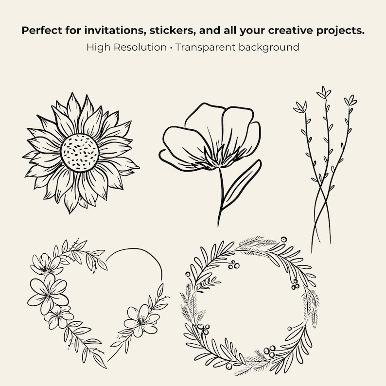 Transparent background set of 50 hand-drawn floral cliparts, featuring botanical line art flowers, leaves, stems, wildflowers, and bouquets.