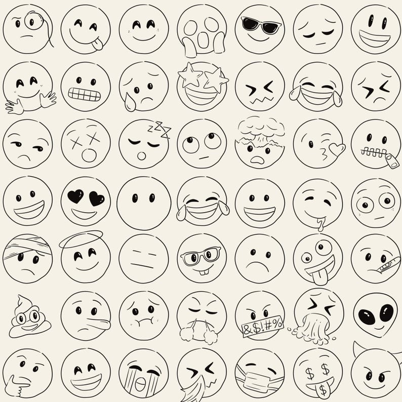Hand-drawn doodle emoji clipart set featuring 55 cute and expressive faces in PNG, SVG, JPG, and PDF formats. Perfect for stickers, planners, journals, scrapbooking, and Cricut crafts.