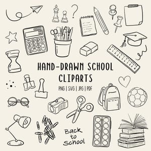 May include: A collection of hand-drawn school cliparts in black and white, including a calculator, scissors, a pencil, a ruler, a backpack, and books. The text "HAND-DRAWN SCHOOL CLIPARTS" and "Back to School" are also included.