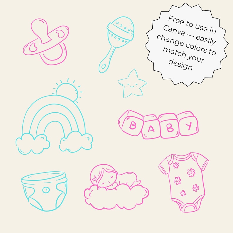 Minimal hand-drawn baby doodle clipart set featuring cute baby elements like bottles, pacifiers, onesies, toys, clouds, and stars. Perfect for baby shower invitations, gender reveal designs, nursery wall art, and printable projects.