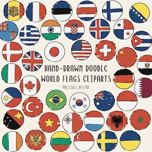 May include: A collection of hand-drawn doodle world flags in a circular design. Each flag is contained within a circle and features a unique design. The image includes flags from various countries, with the text "HAND-DRAWN DOODLE WORLD FLAGS CLIPARTS".