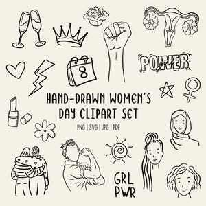 May include: Hand-drawn Women's Day clipart set featuring various illustrations, including a raised fist, a calendar with the number 8, a crown, a heart, and the word "POWER". The set also includes the text "GRL PWR".