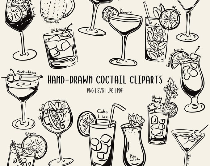 Cocktail Clipart Bundle | Hand Drawn SVG PNG Bar Drinks Illustration ...