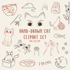Imágenes prediseñadas de gatos dibujados a mano: más de 65 bocetos de gatitos (PNG, SVG, PDF) Uso comercial