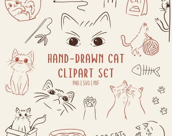 Hand-Drawn Cat Doodle Clipart: 65+ Kitty Sketches (PNG SVG PDF) Commerical Use