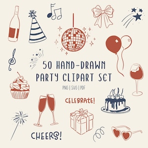 Handgezeichnete Party Clipart Icons: Luftballons, Kuchen, Konfetti Illustrationen (PNG SVG PDF Kommerzielle Verwendung)