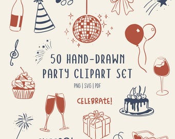 Hand-Drawn Party Clipart Icons: Balloons, Cake, Confetti illustrations (PNG SVG PDF Commercial Use)