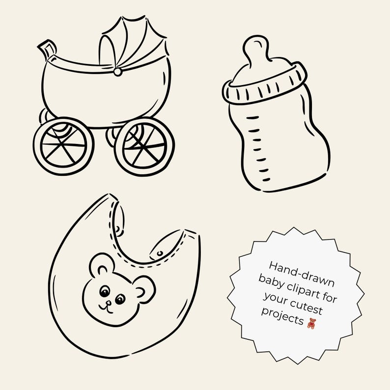 Minimal hand-drawn baby doodle clipart set featuring cute baby elements like bottles, pacifiers, onesies, toys, clouds, and stars. Perfect for baby shower invitations, gender reveal designs, nursery wall art, and printable projects.