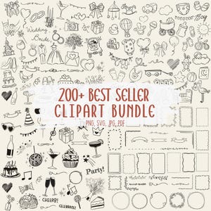 Paquete de imágenes prediseñadas de garabatos dibujados a mano: ilustraciones y marcos para bodas, fiestas y nacimientos (PNG, SVG, PDF)