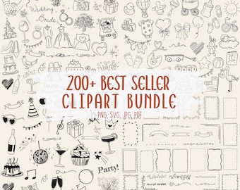 Hand Drawn Doodle Clipart Bundle | Wedding, Baby, Party Illustrations and Frames  (PNG, SVG, PDF)