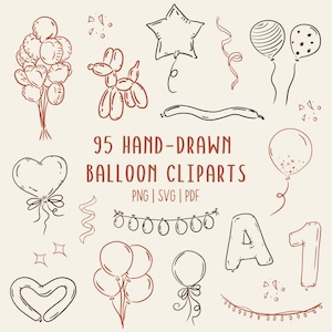Conjunto de imágenes prediseñadas de globos dibujados a mano / 95 elementos de fiesta / SVG PNG PDF para uso comercial