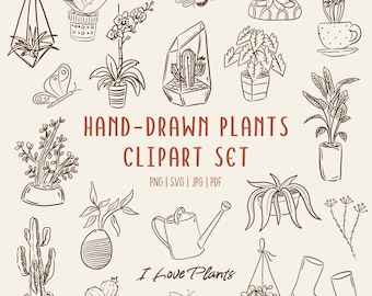 Hand-Drawn Plants & Botanical Clipart Set | 75 Houseplant Illustrations (SVG, PNG, PDF Commercial Use )