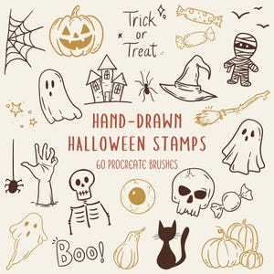 May include: A digital collection of hand-drawn Halloween stamps and Procreate brushes featuring illustrations of a pumpkin, spider web, ghost, haunted house, witch hat, mummy, skeleton, skull, eyeball, black cat, and candy with the text Trick or Treat.
