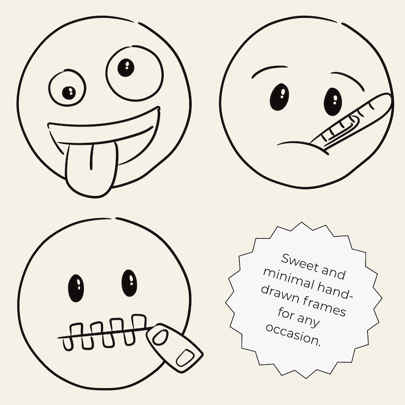 Hand-drawn doodle emoji clipart set featuring 55 cute and expressive faces in PNG, SVG, JPG, and PDF formats. Perfect for stickers, planners, journals, scrapbooking, and Cricut crafts.