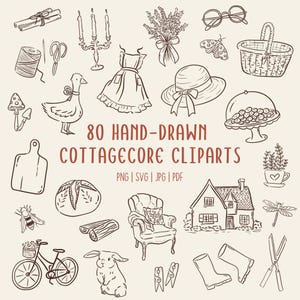 Hand-drawn cottagecore clipart set featuring vintage floral elements, cottage house, dress, basket, teapot, sun hat, jam jar, candles, gardening tools, bicycle, cozy home items, and cute animals in black line art style.